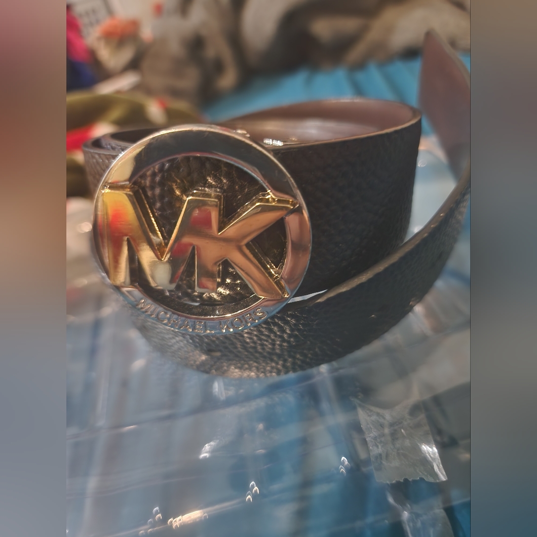 Michael Kors Black Leather Belt With Gold Logo Buckle